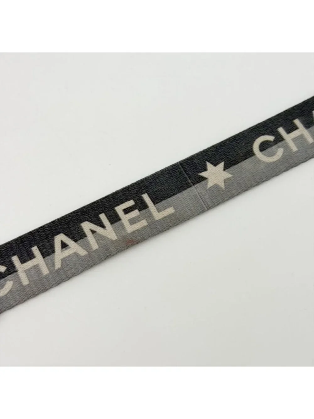Chanel Logo Star Neck Strap Nylon Metal Black Gray White Silver Vintage